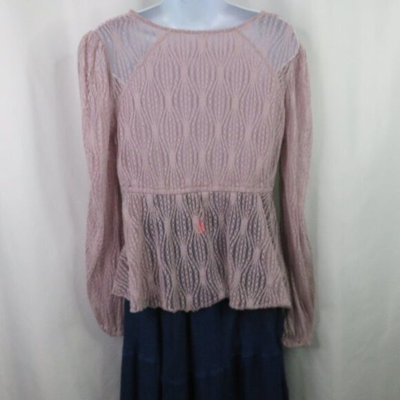 Free People Pink Lace Top Size Medium Peasant Crop Ribbon Tie Sheer Empire LS - Picture 8 of 13